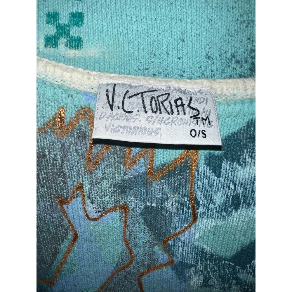 Rare Vintage VC Torias Womens Blue All Over Hand Painted Knit Art Canvas Top OS